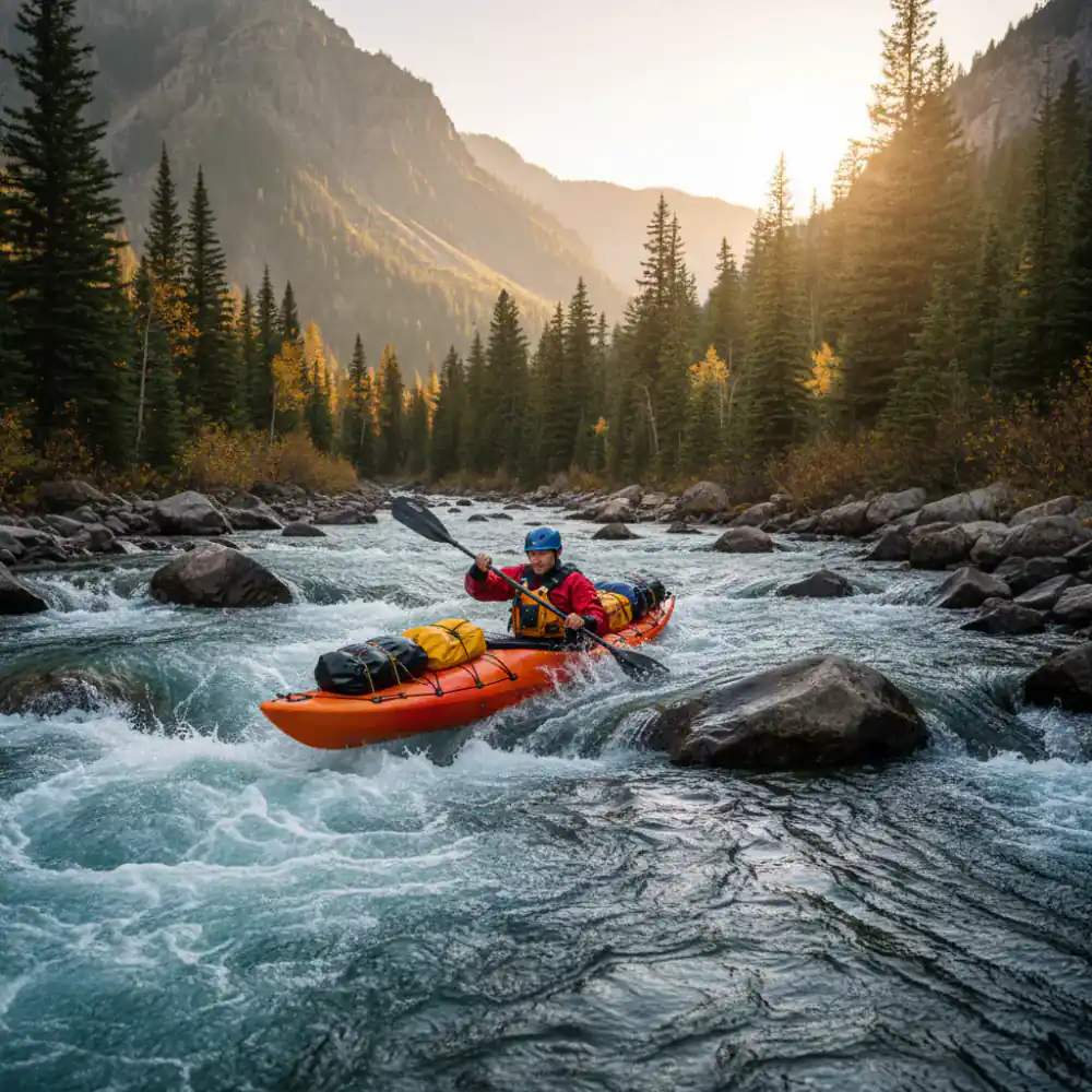 Kayaker navigating a rough mountain river with dry bags strapped to the deck