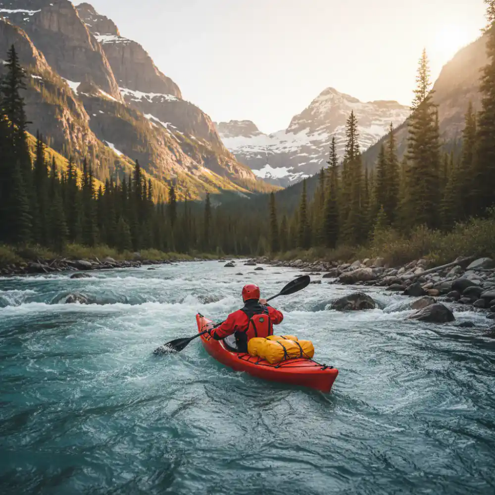 Kayaker navigating mountain river with dry bags