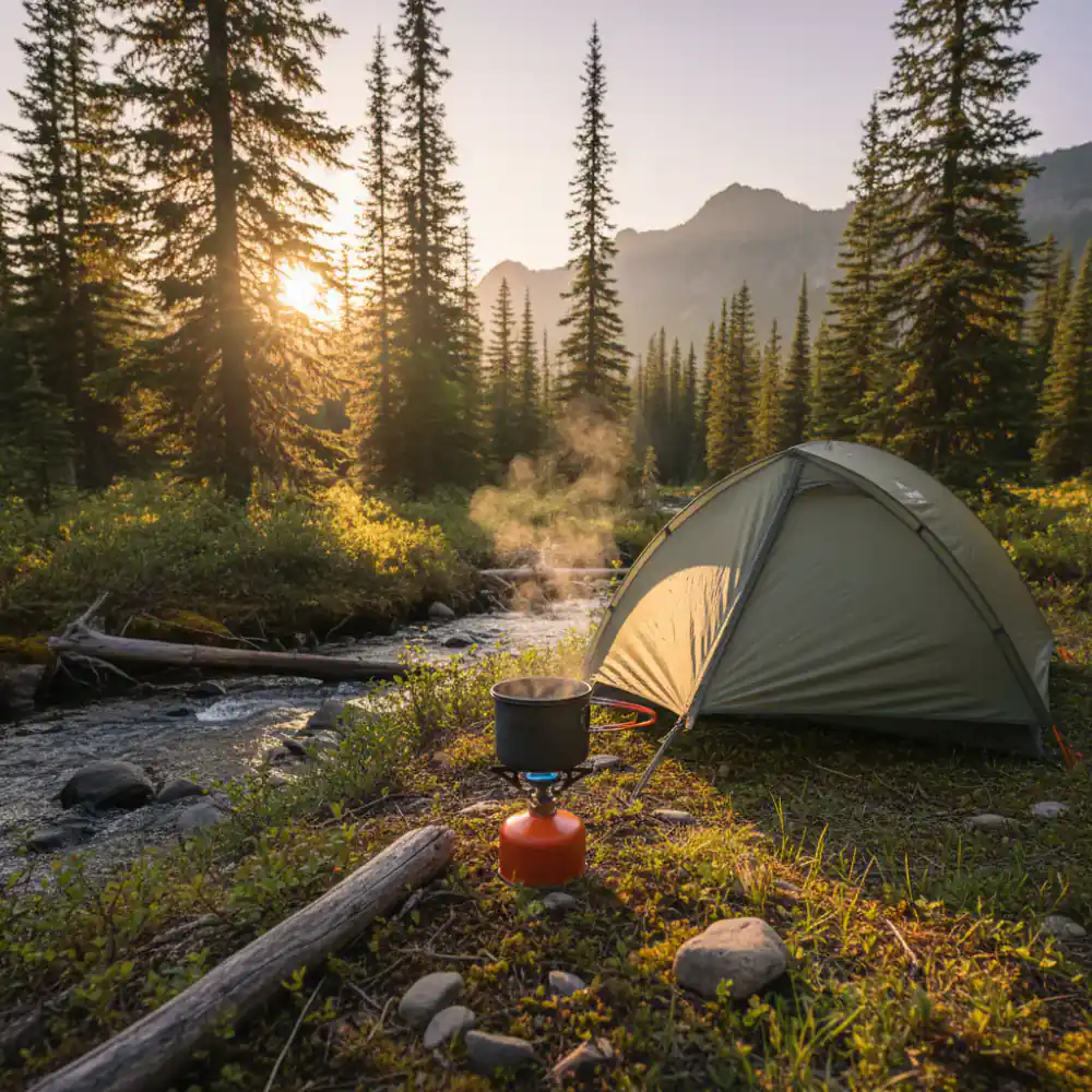 Portable gas burner boiling water outside a tent
