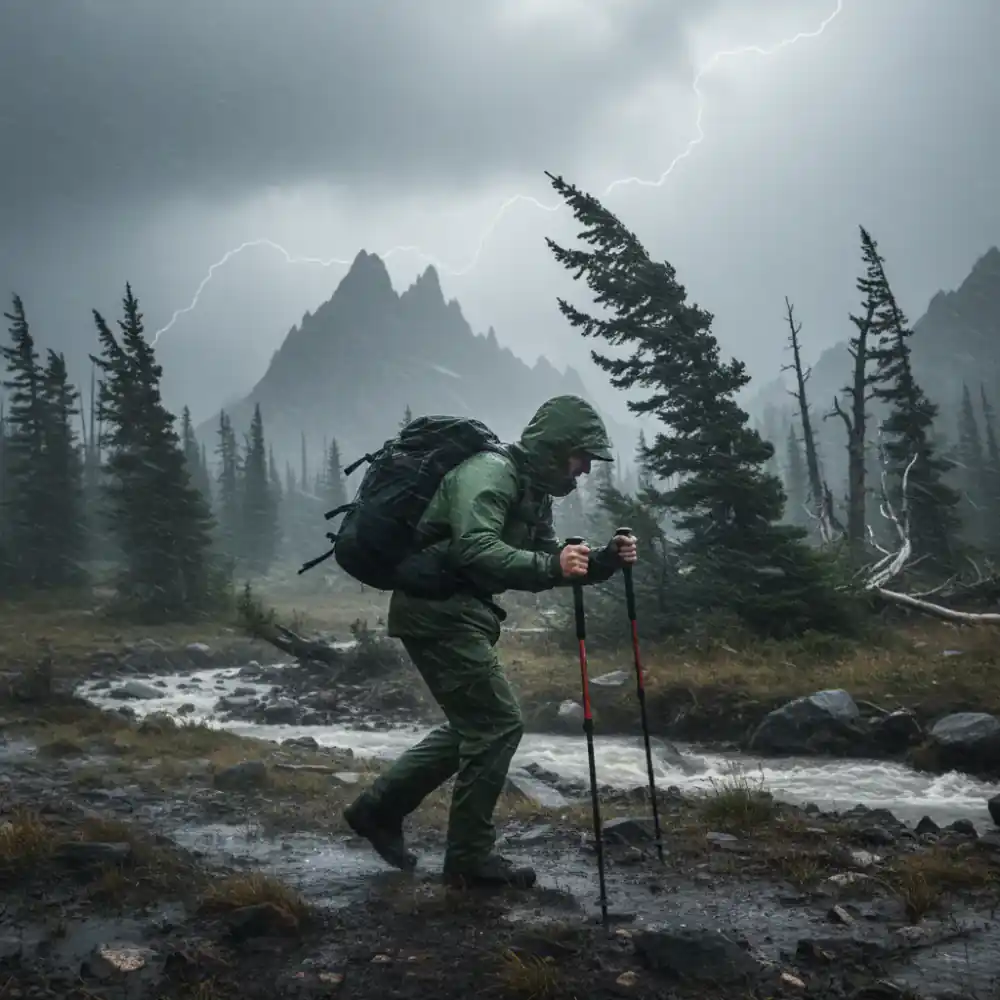 Hiker enduring a severe storm