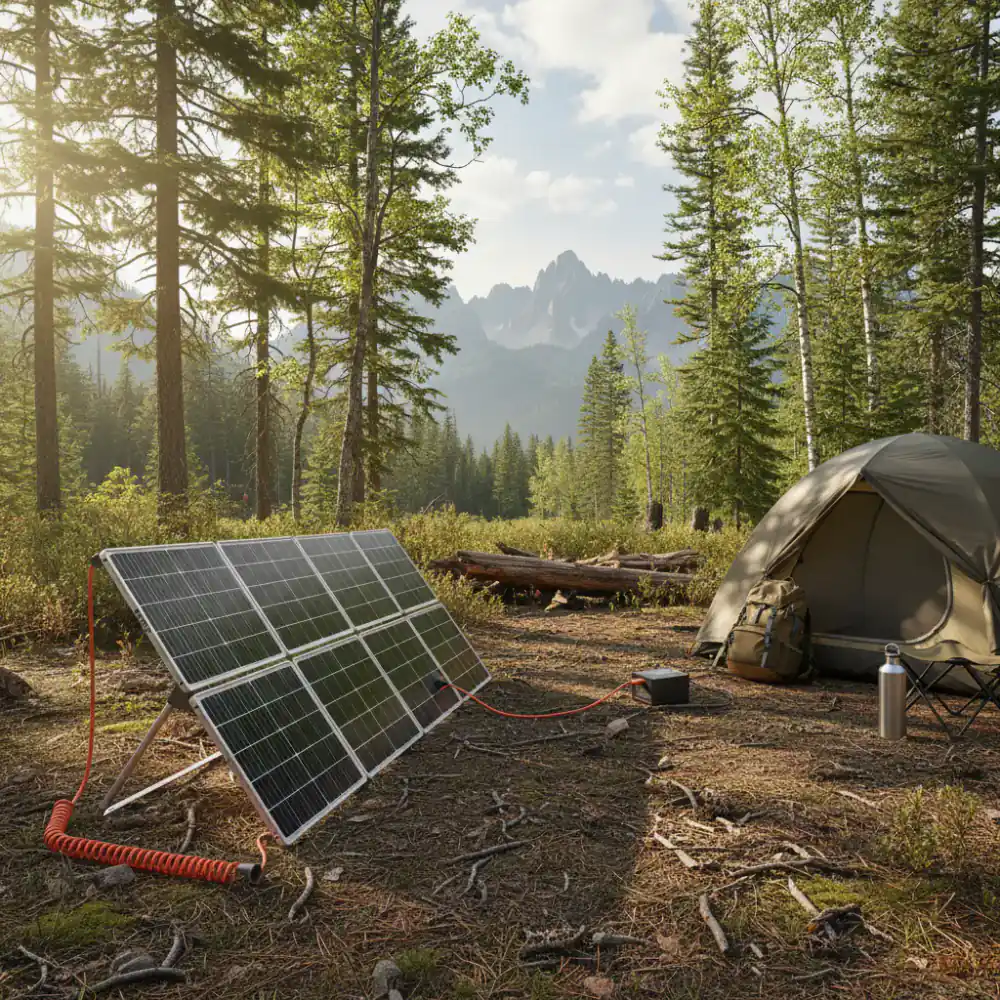 Foldable solar panel set up at camp