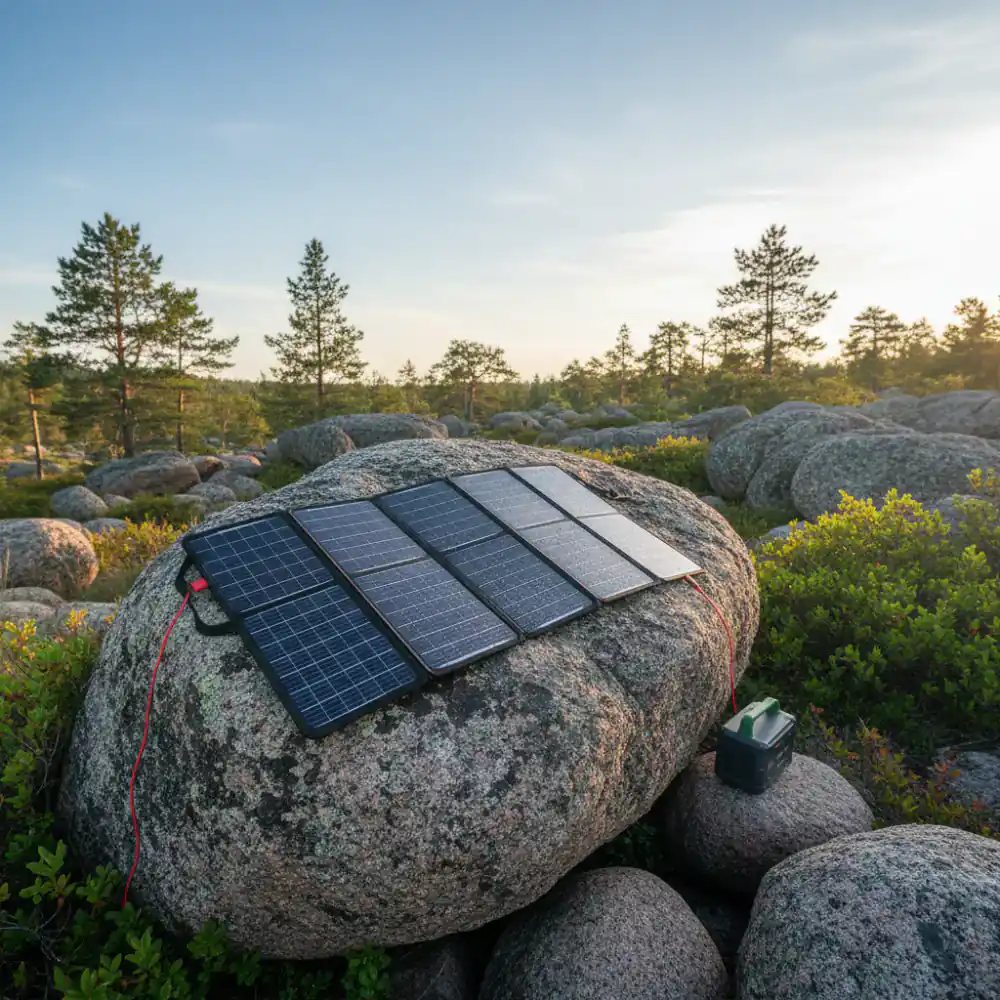 Foldable solar panel deployed on a granite boulder