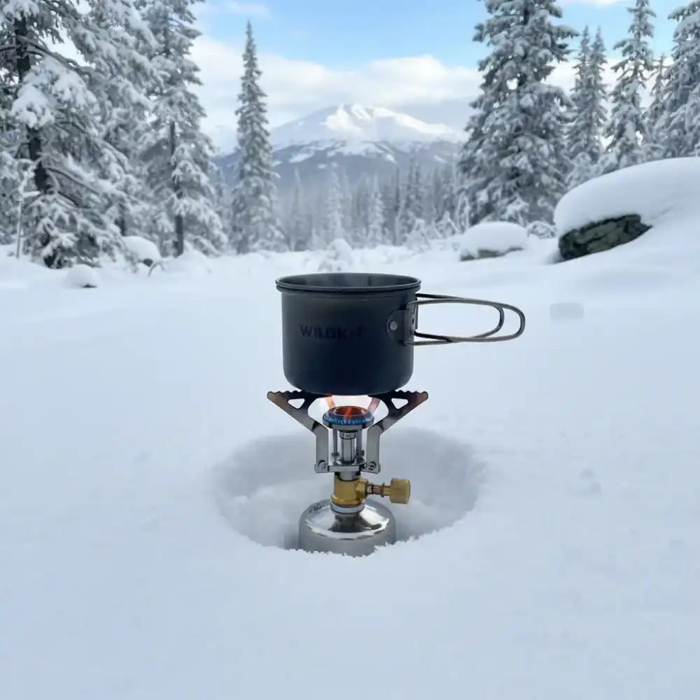Close up of a wildkit gas burner operating in snow