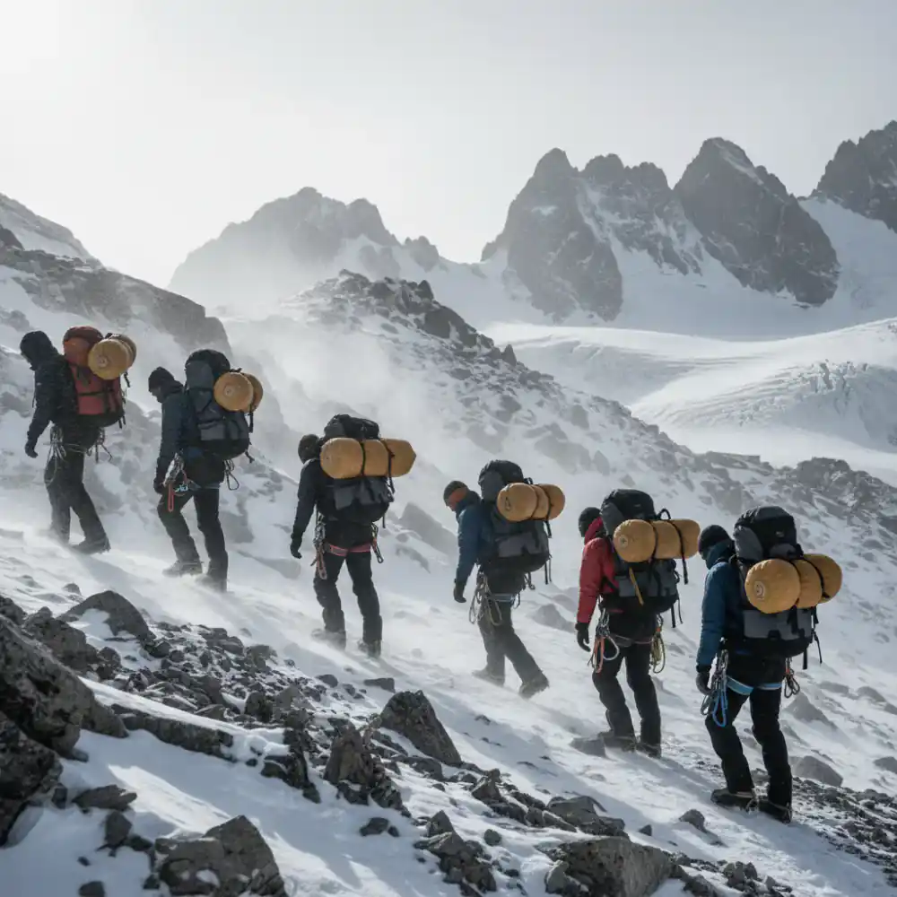 Expedition team navigating a harsh mountain pass with heavy dry bags
