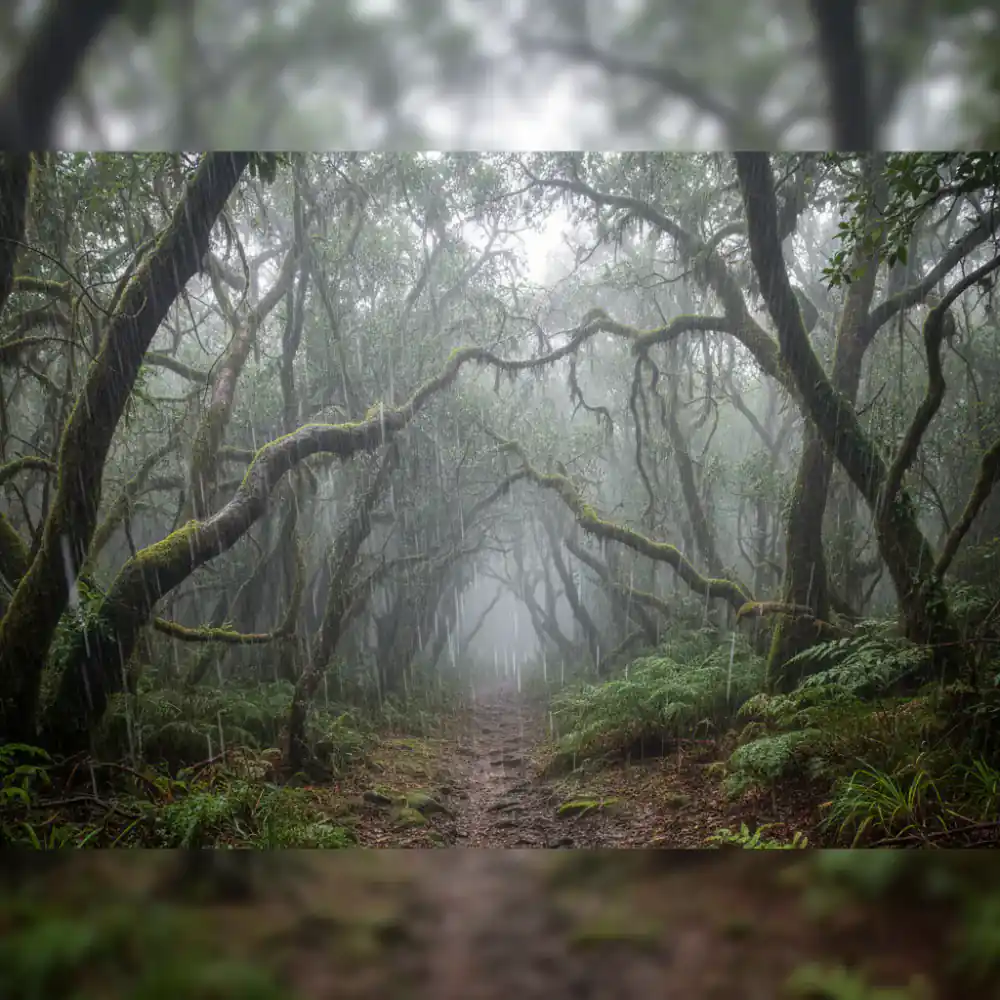 Dark, atmospheric forest under heavy rain
