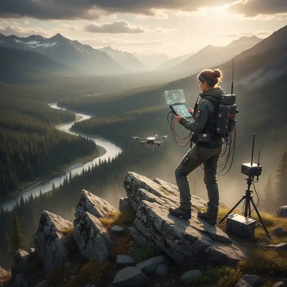 Lead engineer testing gear on a rocky outcrop