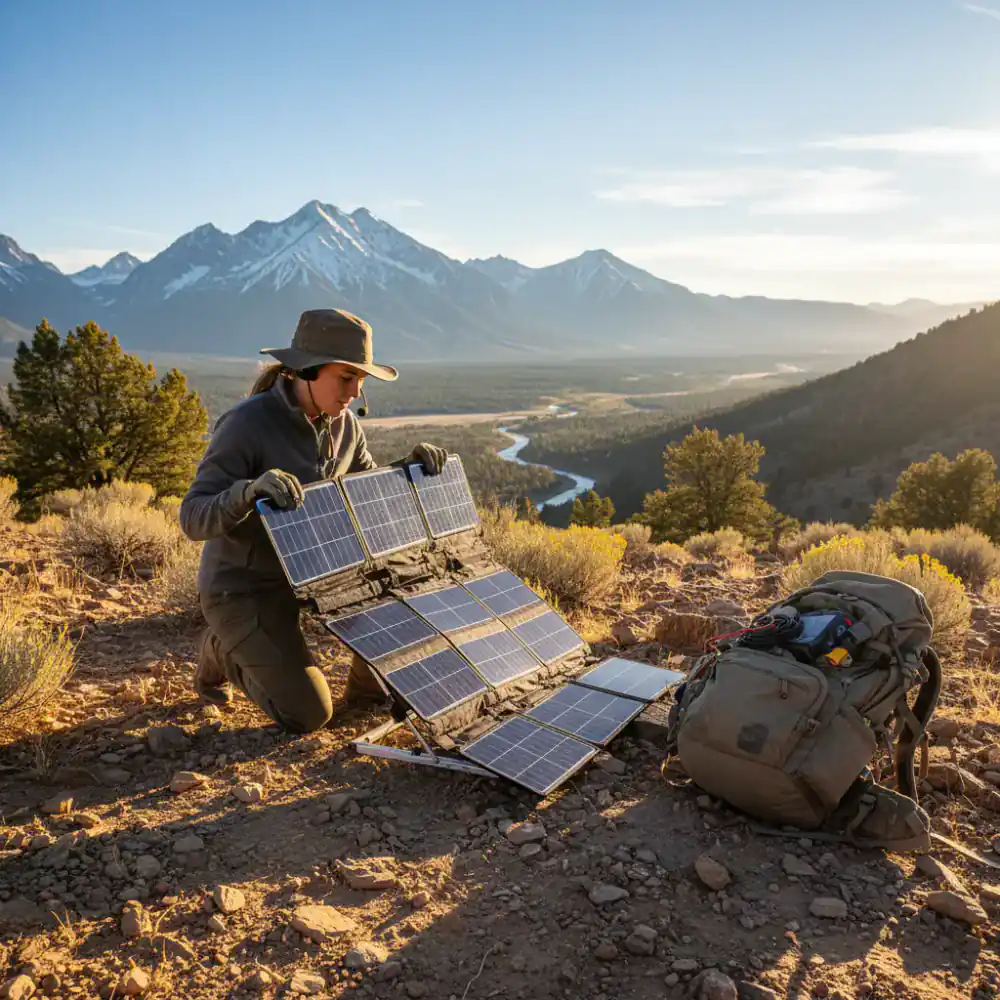 Energy specialist adjusting foldable solar panels