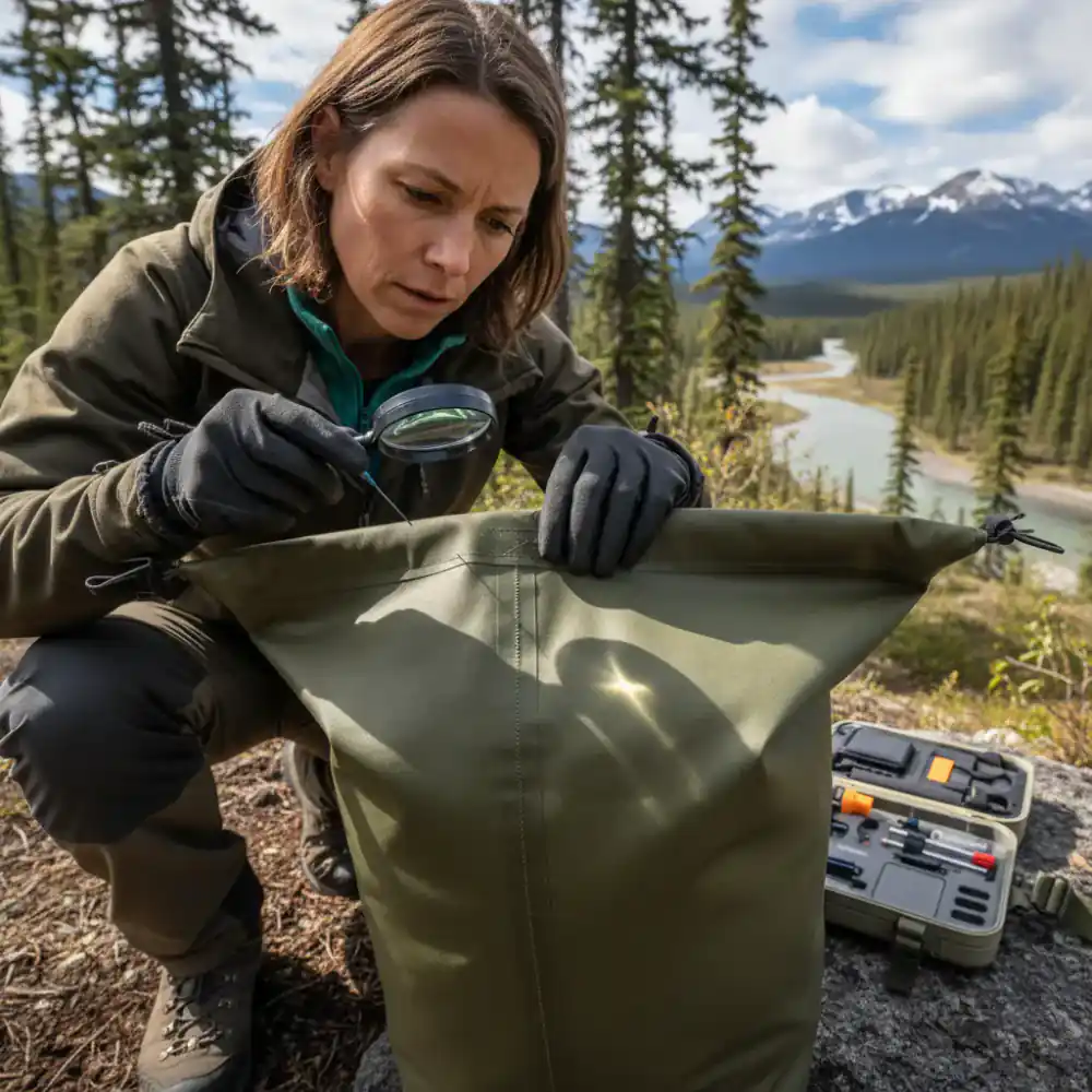 Textile expert inspecting dry bag seams