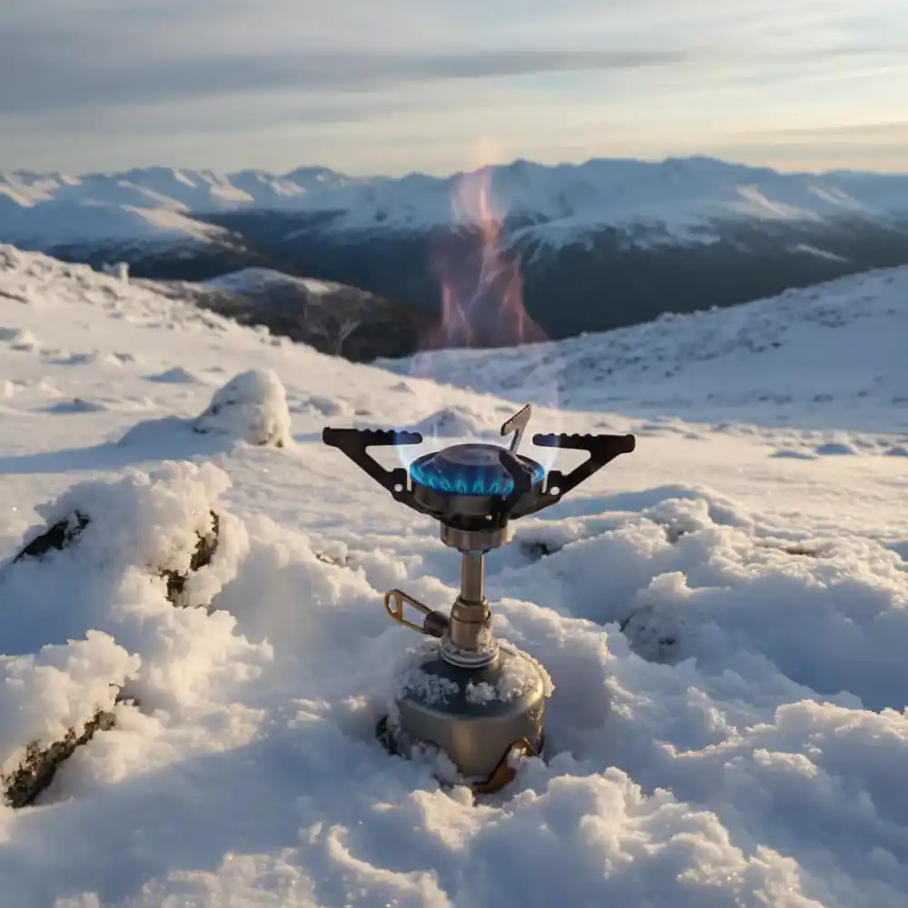 Compact gas burner roaring with a blue flame on a snowy ridge